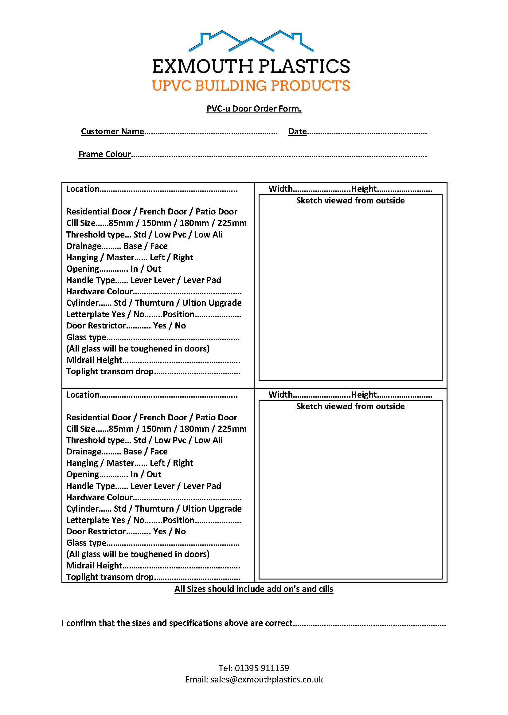 PVC-u Door Order Form